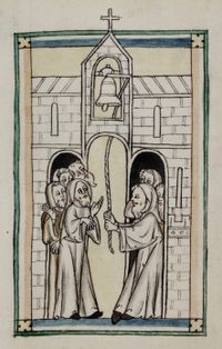 Die Mönche versammeln sich an jenem Seil, mit dem das Zeichen bewegt, geläutet wird. „Vitae Patrum“, Art and Mysticism in Flanders and the Rhineland, um 1300, Rothschild Canticles, Library, Yale University.
