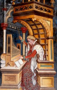 Te Deum Laudamus: Zum Lobe seines Namens musizieren Orgel und Glocken gemeinsam mit der Gemeinde. Gentile da Fabiano „Die Musik“, Palazzo Trinci, Foligno, Italien, 1411/1412.