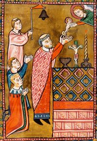 Das Hostienwunder. Das Brot wandelt sich beim Klang der Glocken in den Leib des Jesuskindes .Psalterium feriatum, Augsburg um 1260, Bayerische Staatsbibliothek, München.